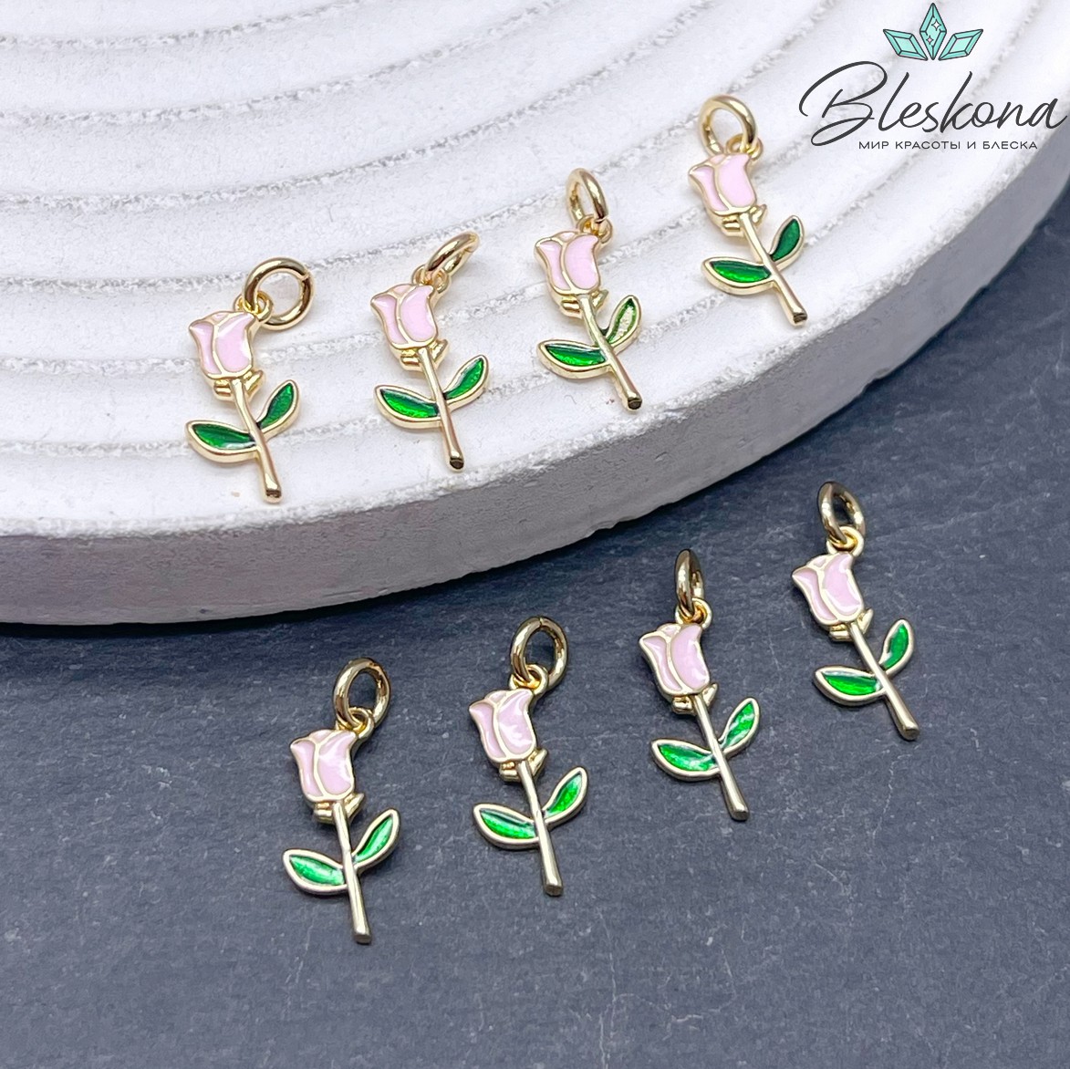 12,5*6 мм Цвет золото, Подвеска роза розовая эмаль