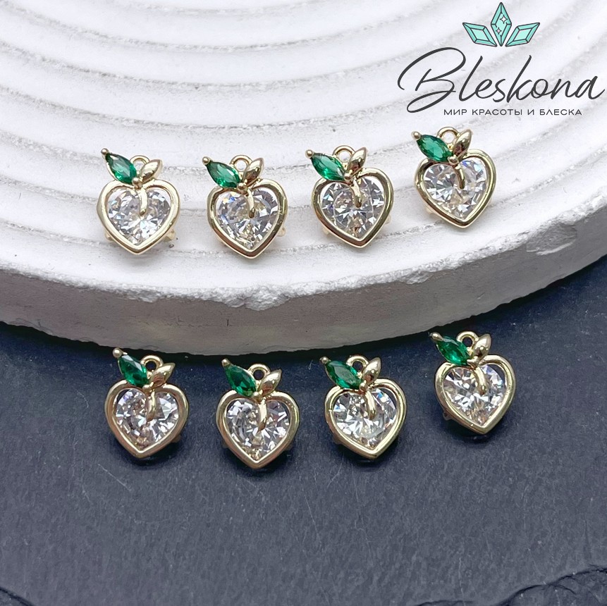 10*8 мм Цвет золото, Подвеска Сердце с листочком цирконы