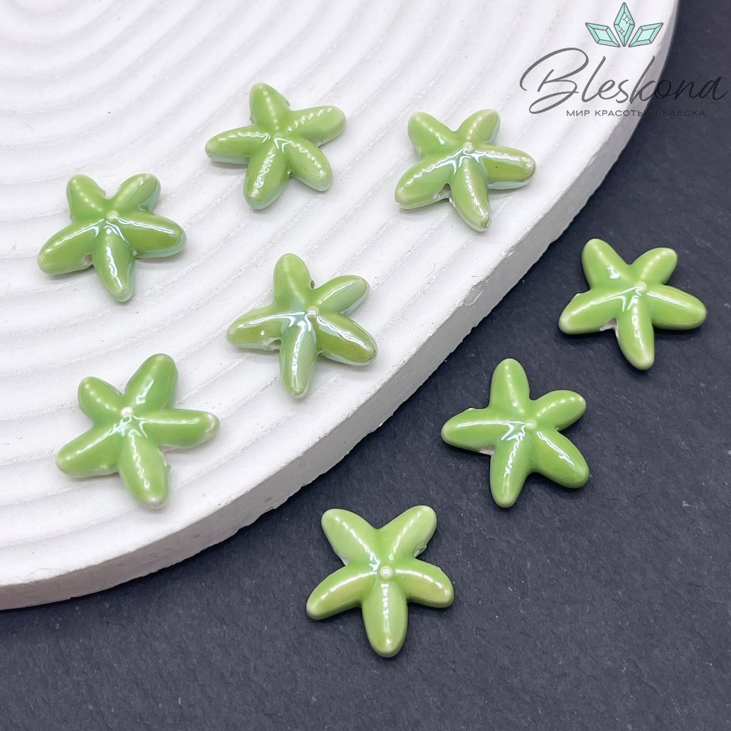 17 мм Бусина морская звезда, керамика цвет зеленый