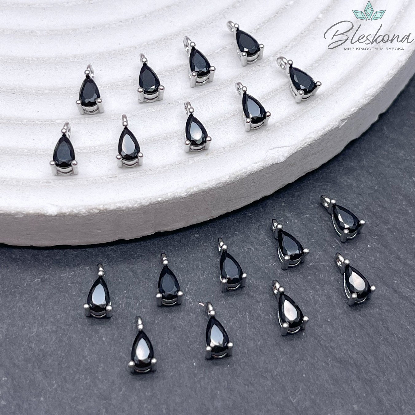 7,7*3,7 мм Цвет серебро, Подвеска капля черный циркон 