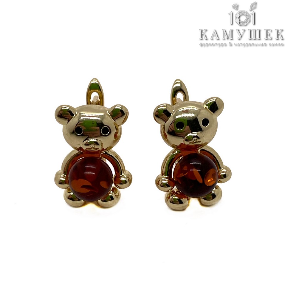Швензы Мишка темный янтарь, цвет золото 12*16,5мм