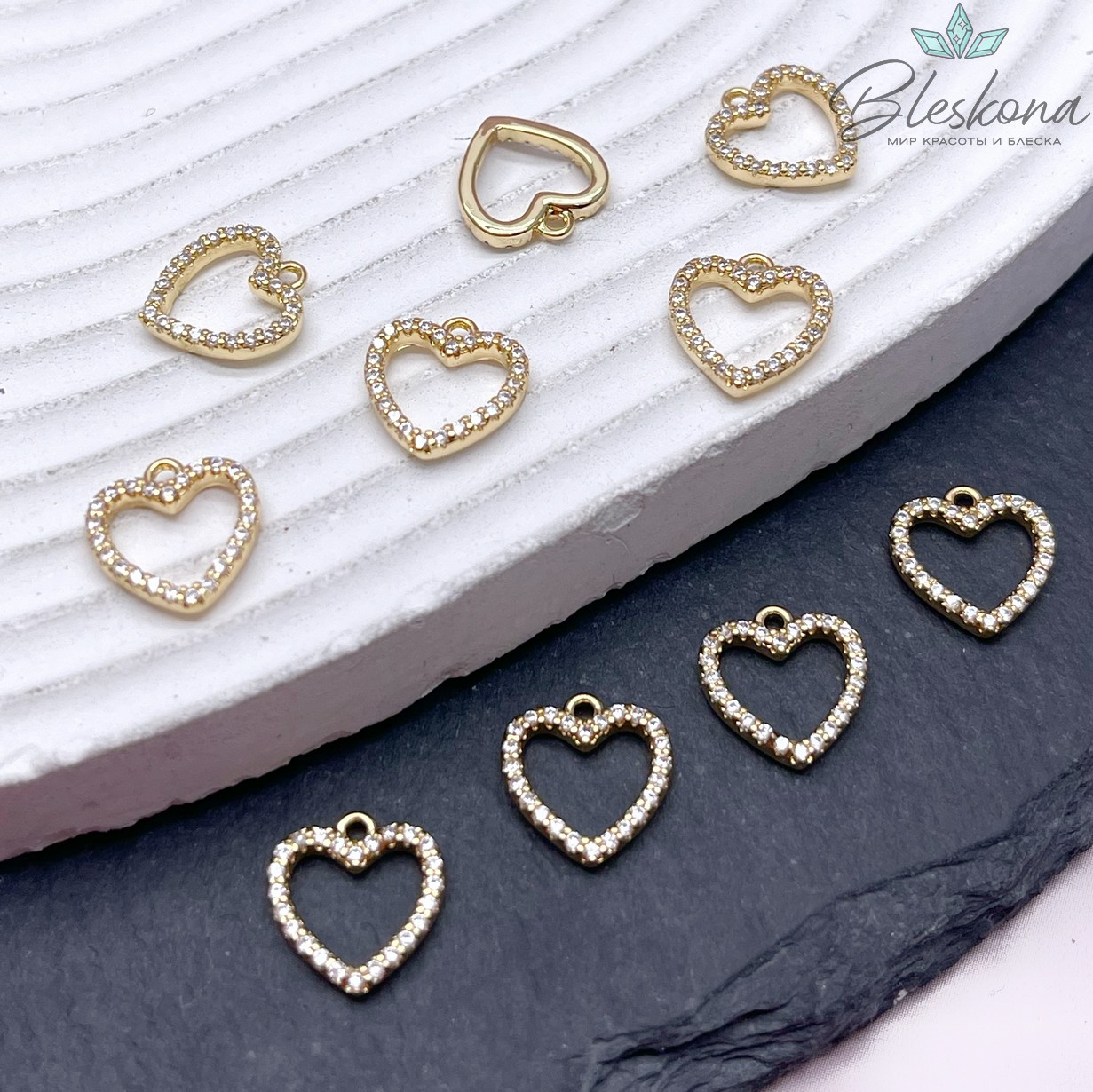 11*10,5 мм Цвет золото, Подвеска сердце контур цирконы
