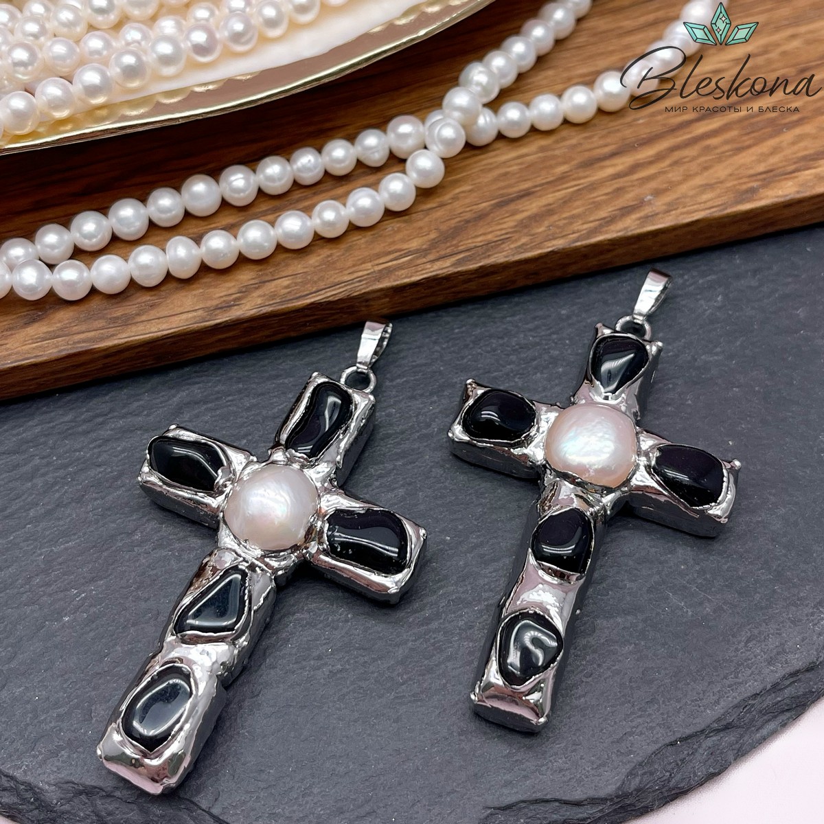 38*65 мм Цвет серебро, Подвеска крест Жемчуг, Черный Агат в обрамлении
