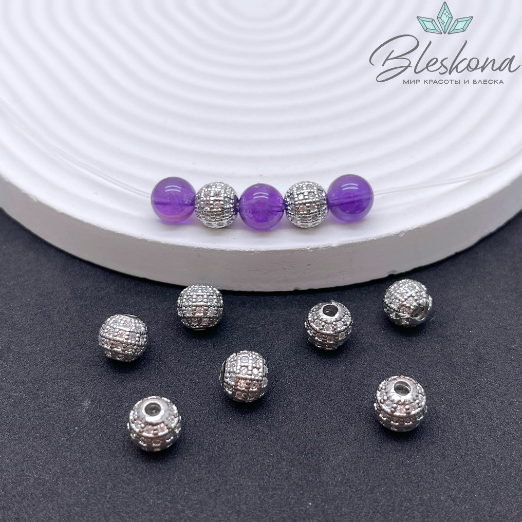 8 мм Цвет серебро, Бусина с белыми цирконами