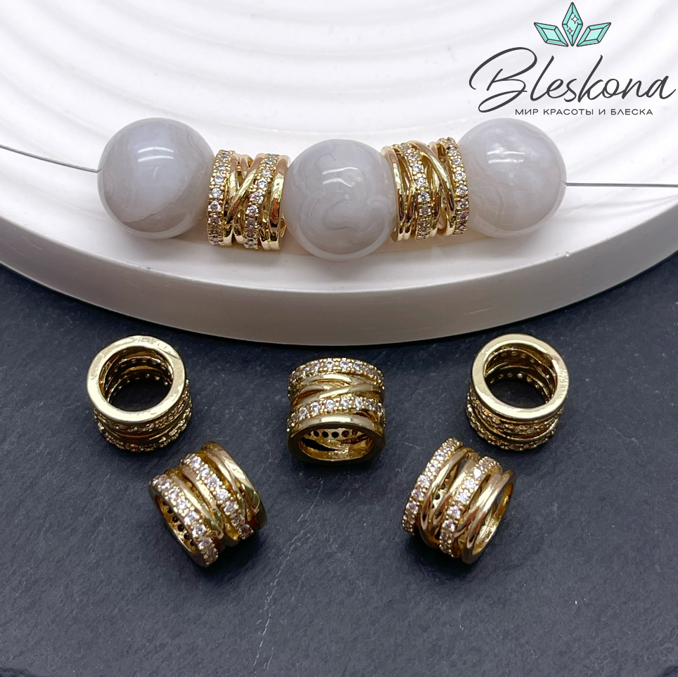 7*9,5 мм, Цвет золото, Бусина цилиндр цирконы