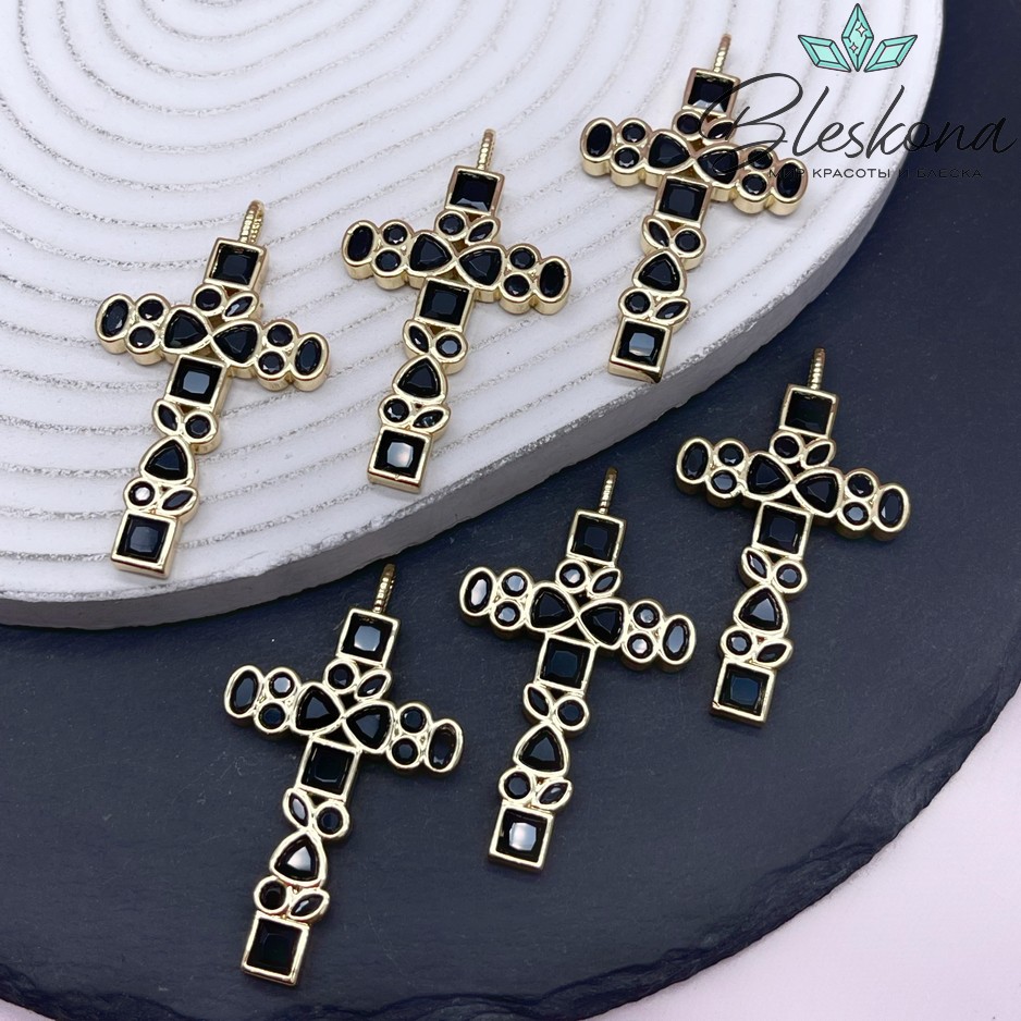 47*28 мм Цвет золото, Подвеска Крест фигурный с черными цирконами