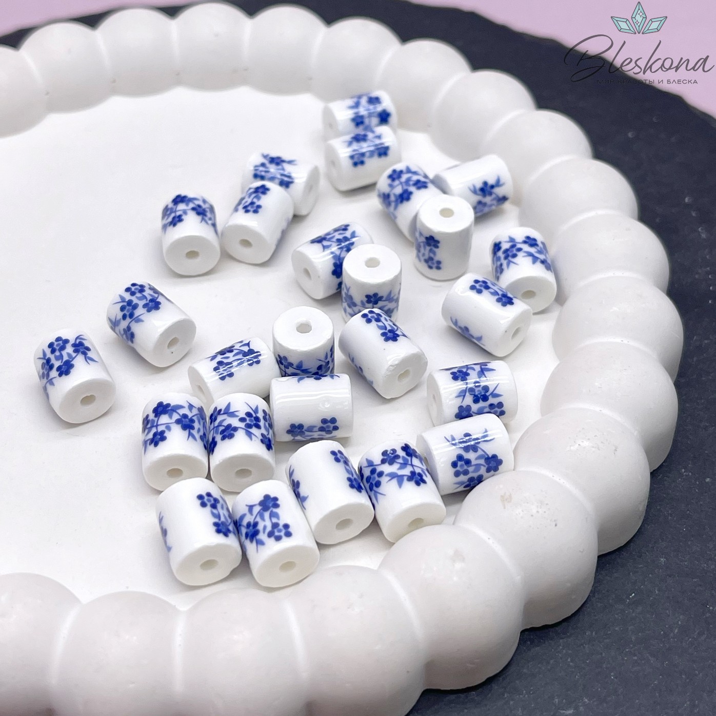10,5*8,5 мм Керамика Бусина цилиндр роспись гжель №2 (штучно)