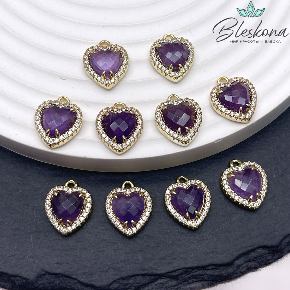 12*14мм ,цвет золото, Подвеска Сердце в обрамлении Аметист огранка цирконы