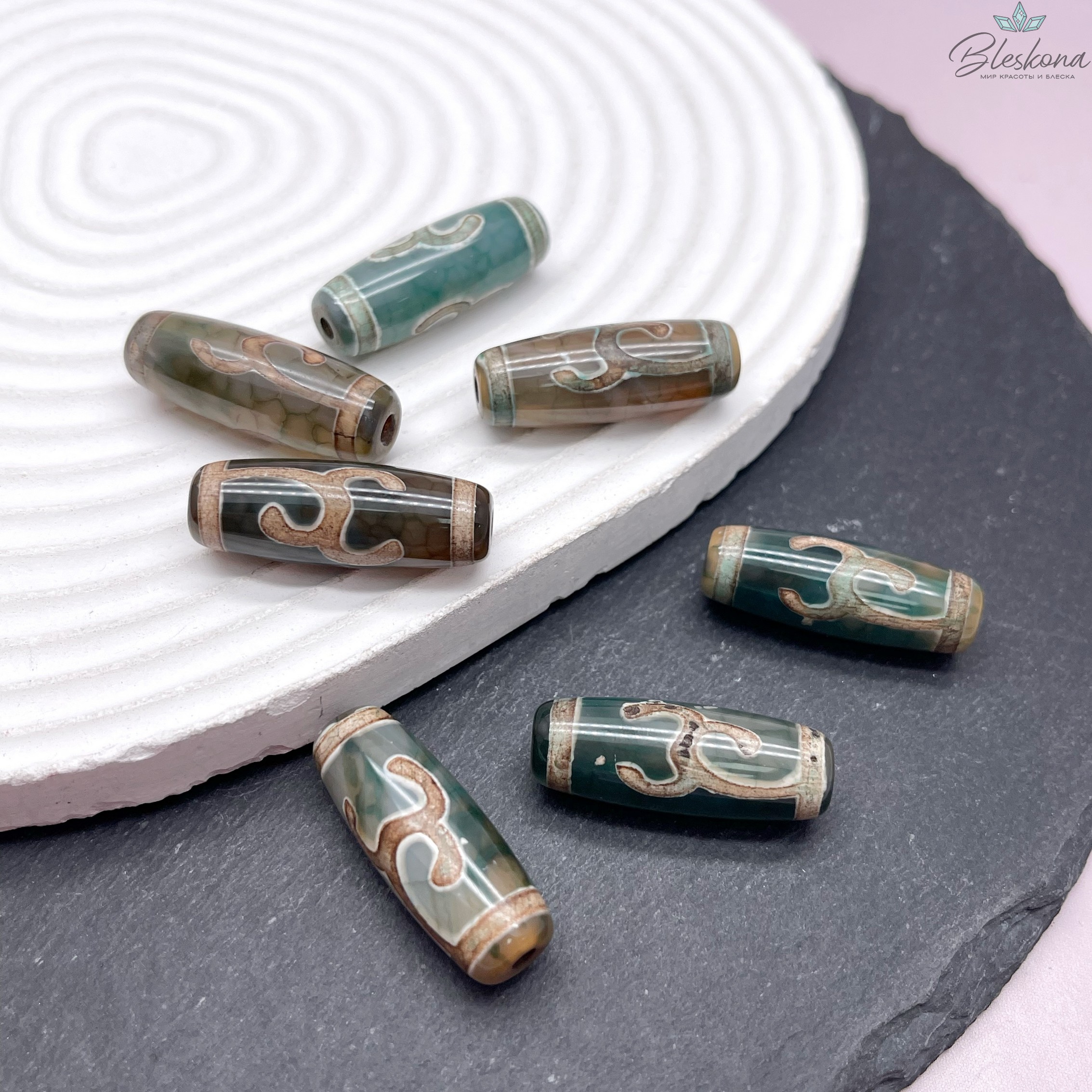 Бусина Дзи Руи зелено-коричневый бочонок 30*11 мм