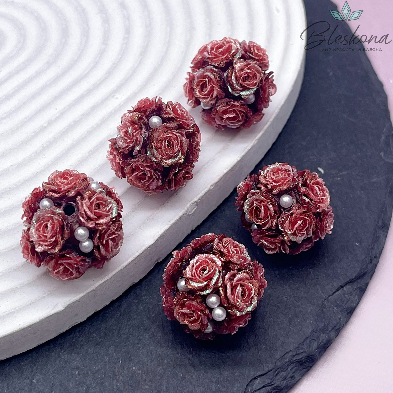 24 мм Бусина шар цветочный бордовый