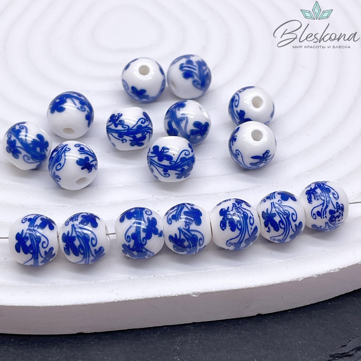 10 мм Керамика Бусина роспись гжель №1 (штучно)