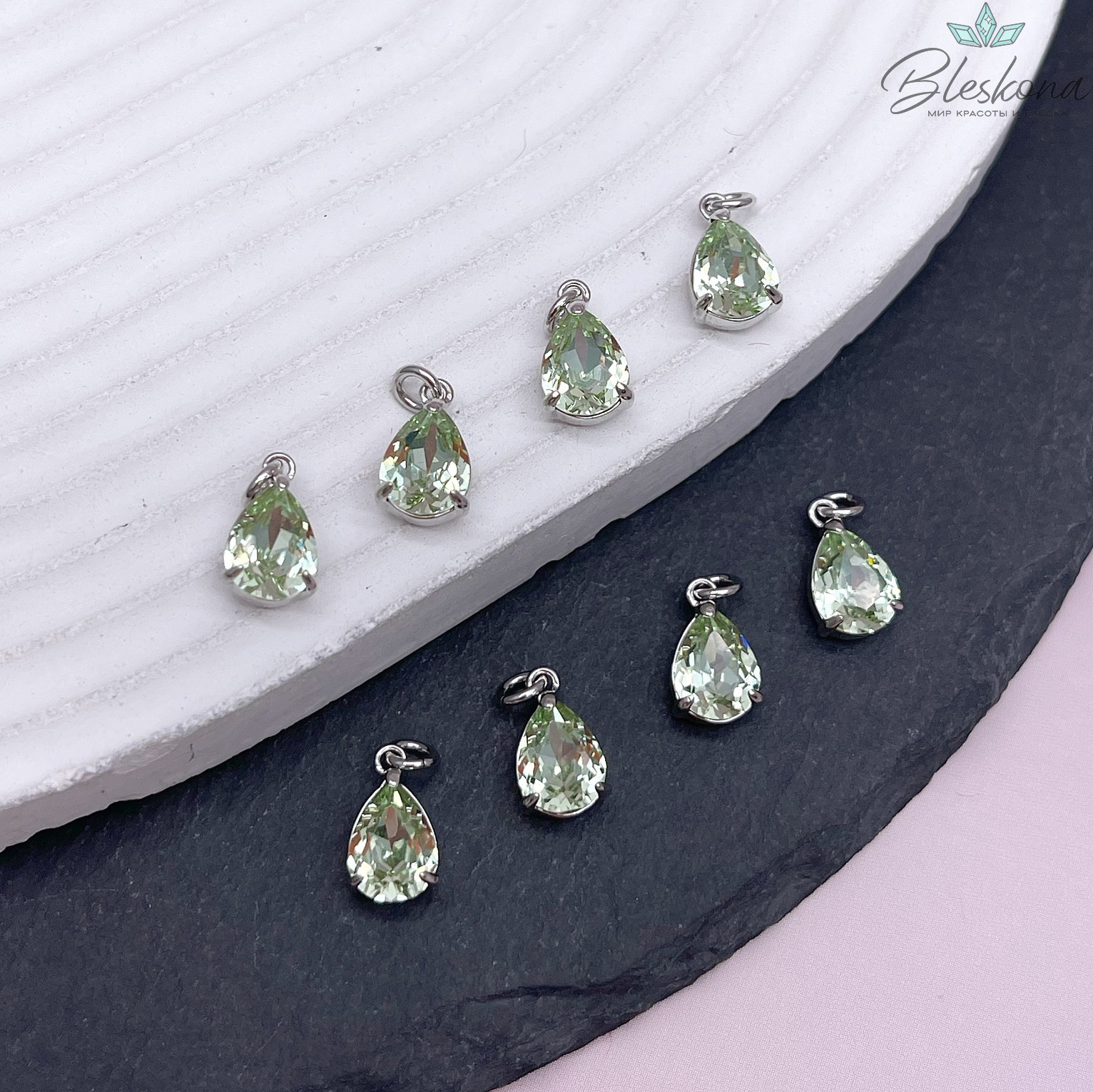 11*7 мм, Цвет серебро, Подвеска капля зеленый циркон