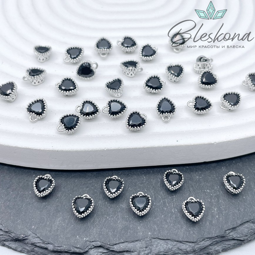 8*6,5 мм Цвет серебро, Подвеска Сердце мини черный циркон 