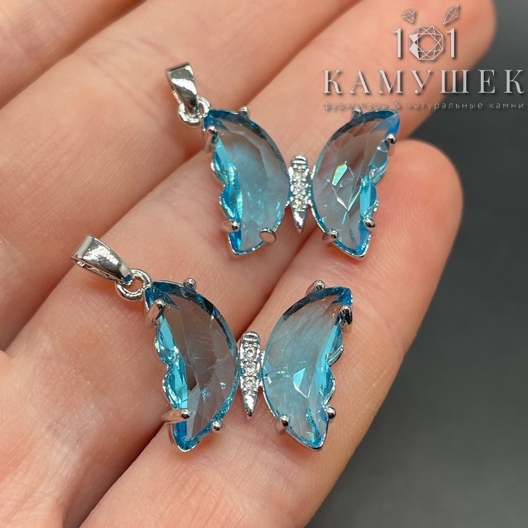 16*22мм, Цвет серебро, Подвеска Бабочка голубое стекло 