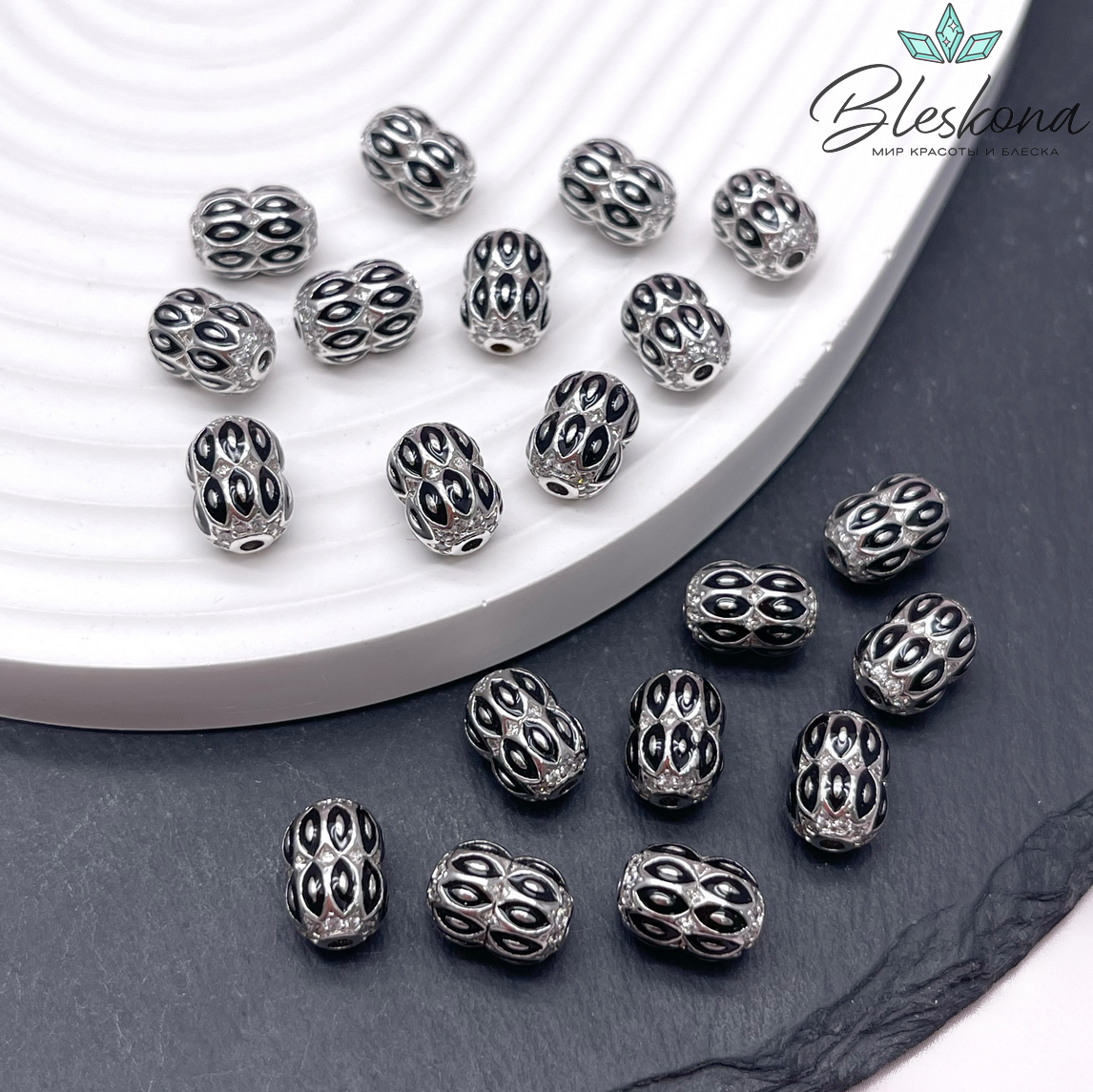 10,7*7 мм Цвет серебро, Бусина бочонок цирконы черная эмаль