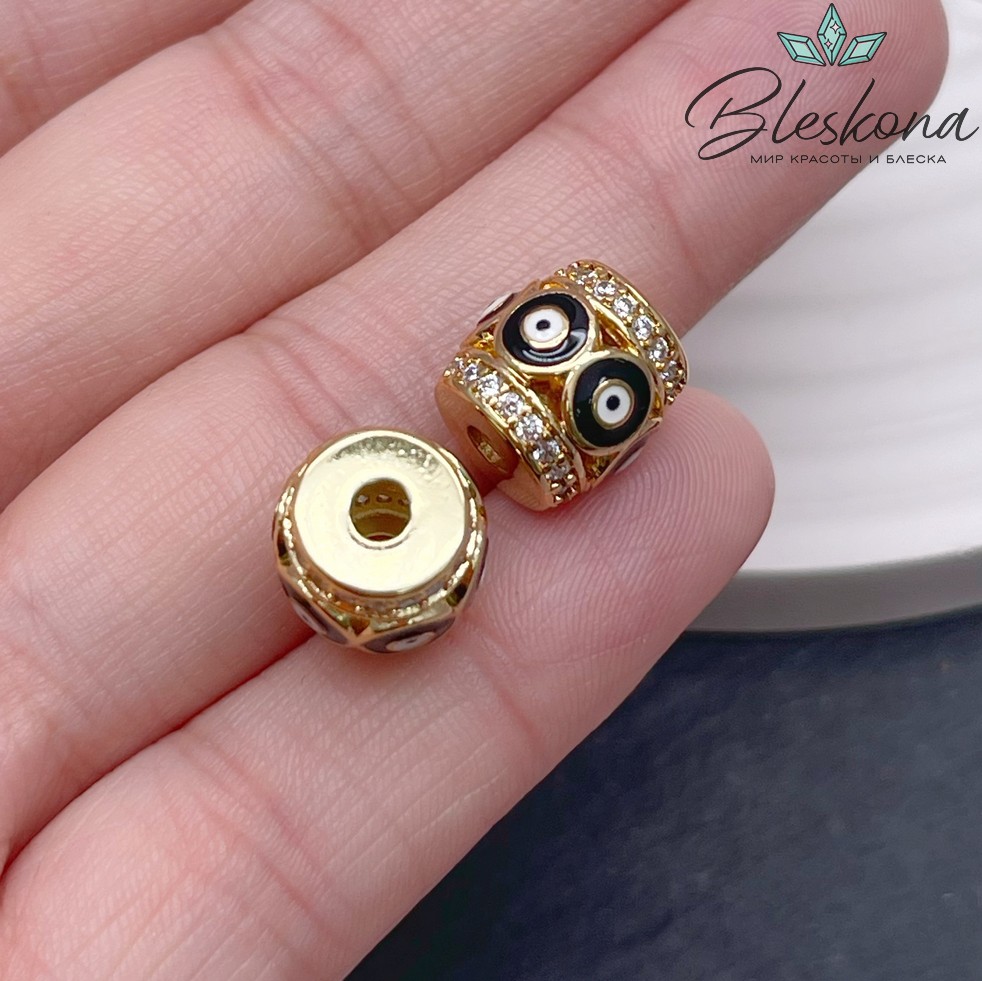 10,5*11 мм Цвет золото, Бусина бочонок глаза цирконы черная эмаль