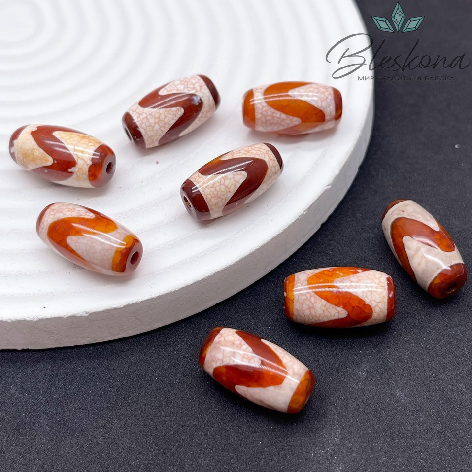 Бусина Дзи тигриный клык бело-коричневый бочонок 20*11 мм