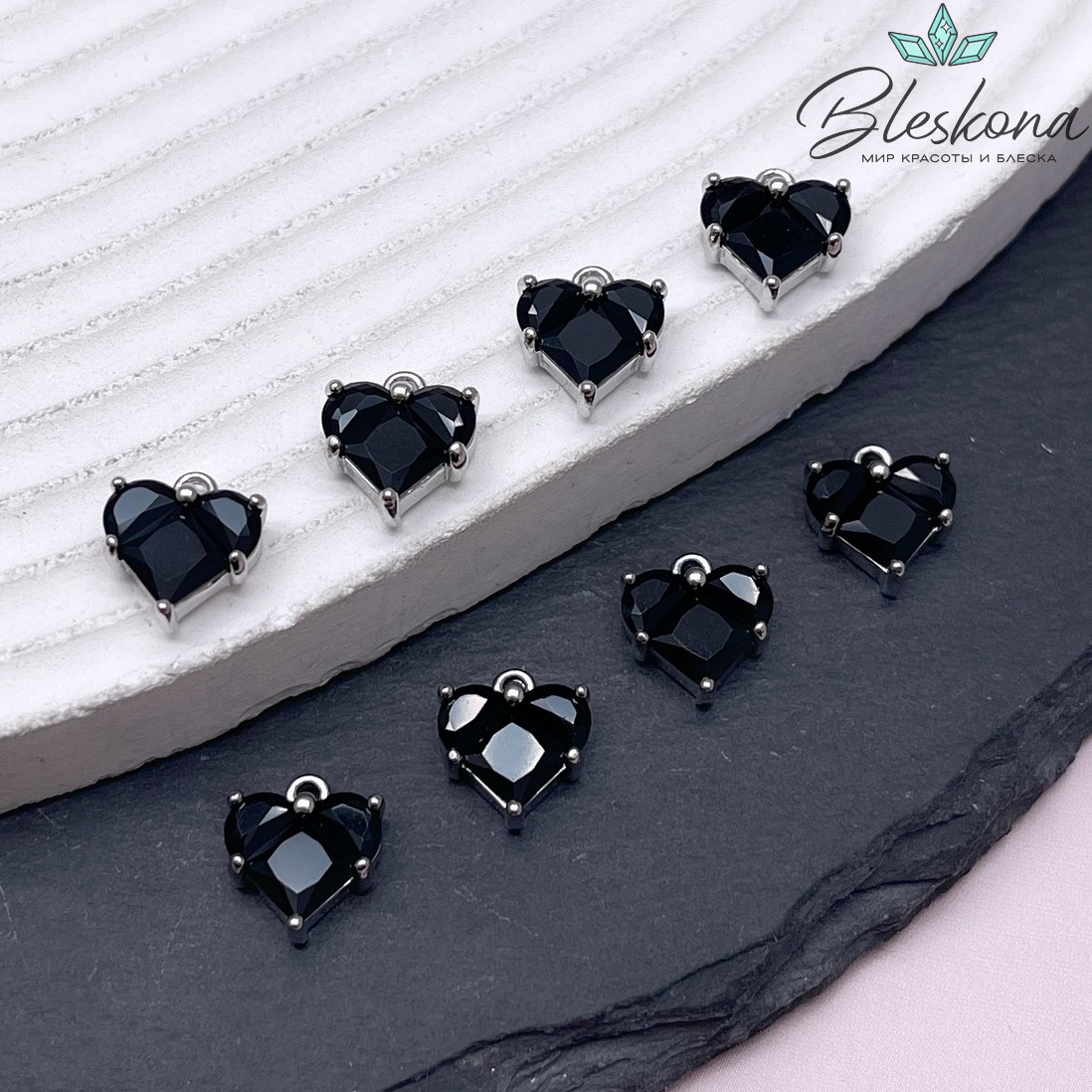 10*9,5 мм Цвет серебро, Подвеска Сердце черные цирконы 