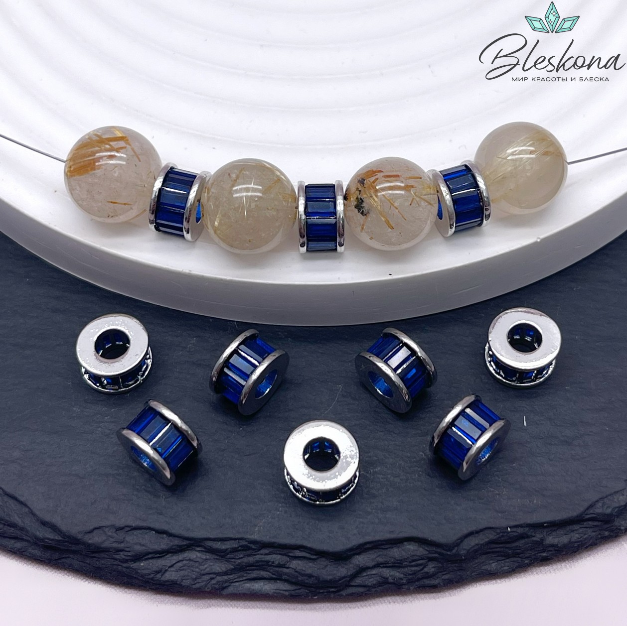 8*5 мм Цвет серебро, Бусина - разделитель синий циркон