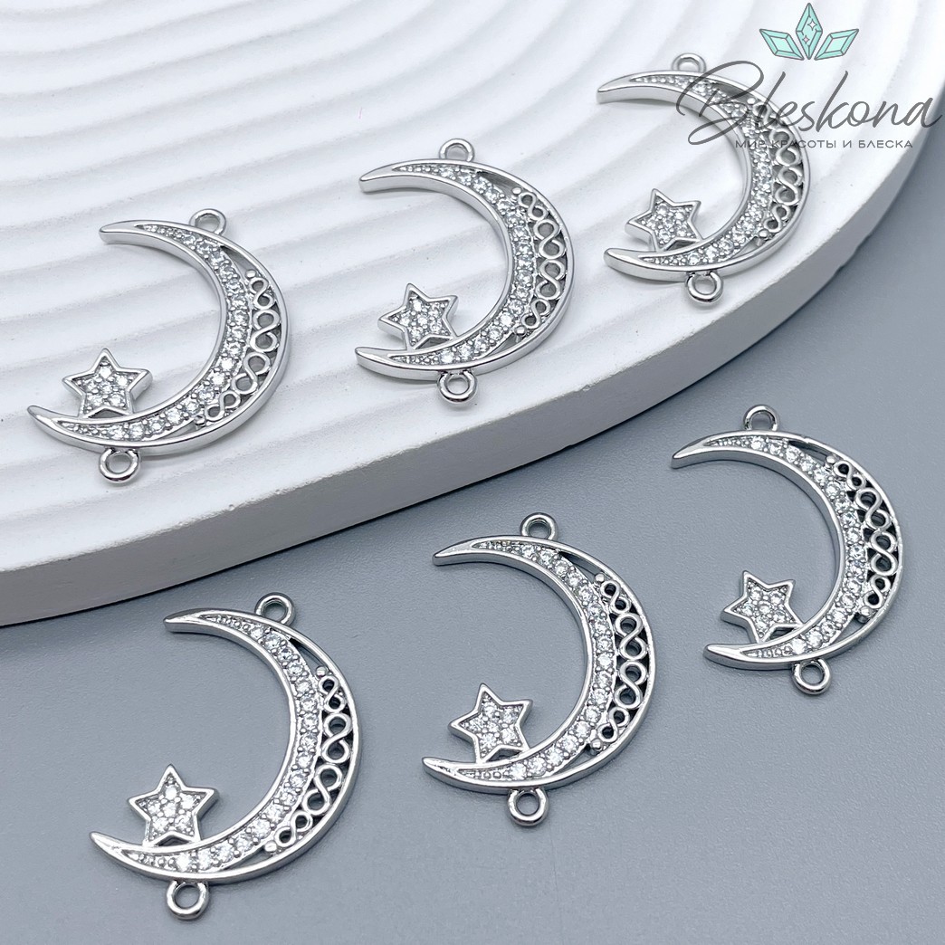 28*19 мм Цвет серебро, Коннектор Полумесяц цирконы
