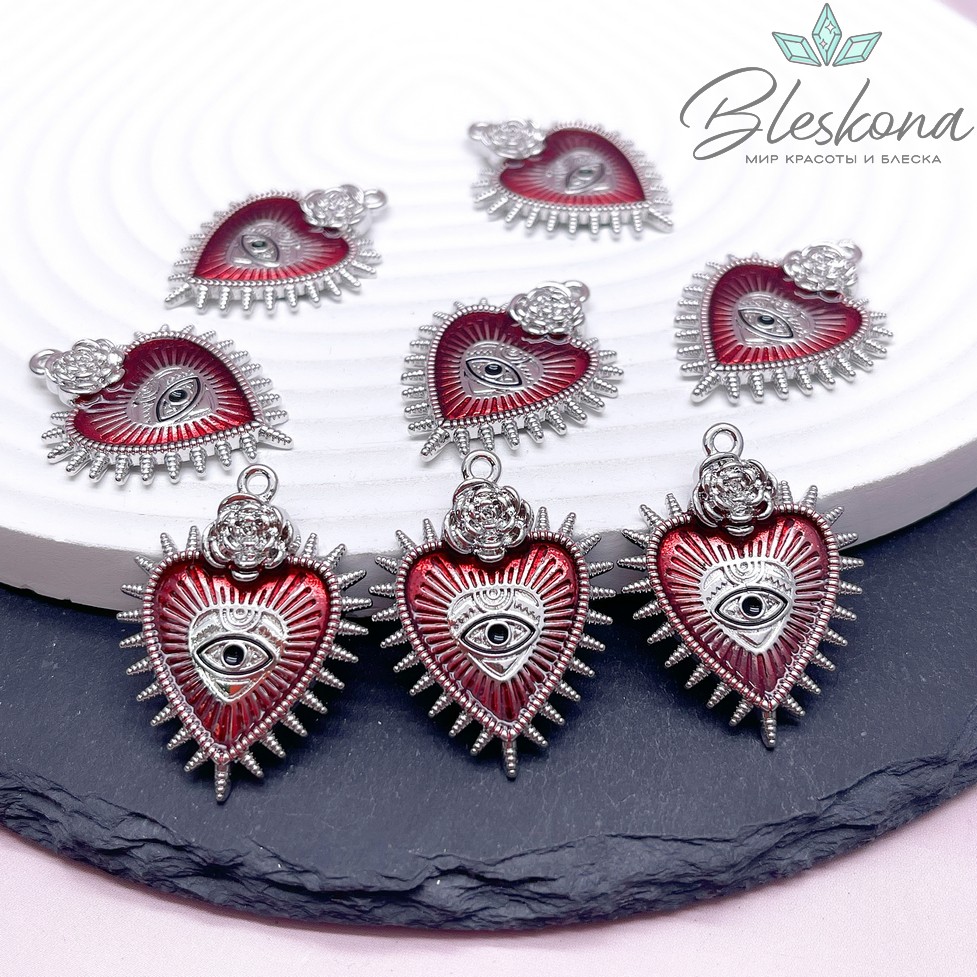 25*30 мм Цвет серебро, Подвеска Сердце красное глаз черный