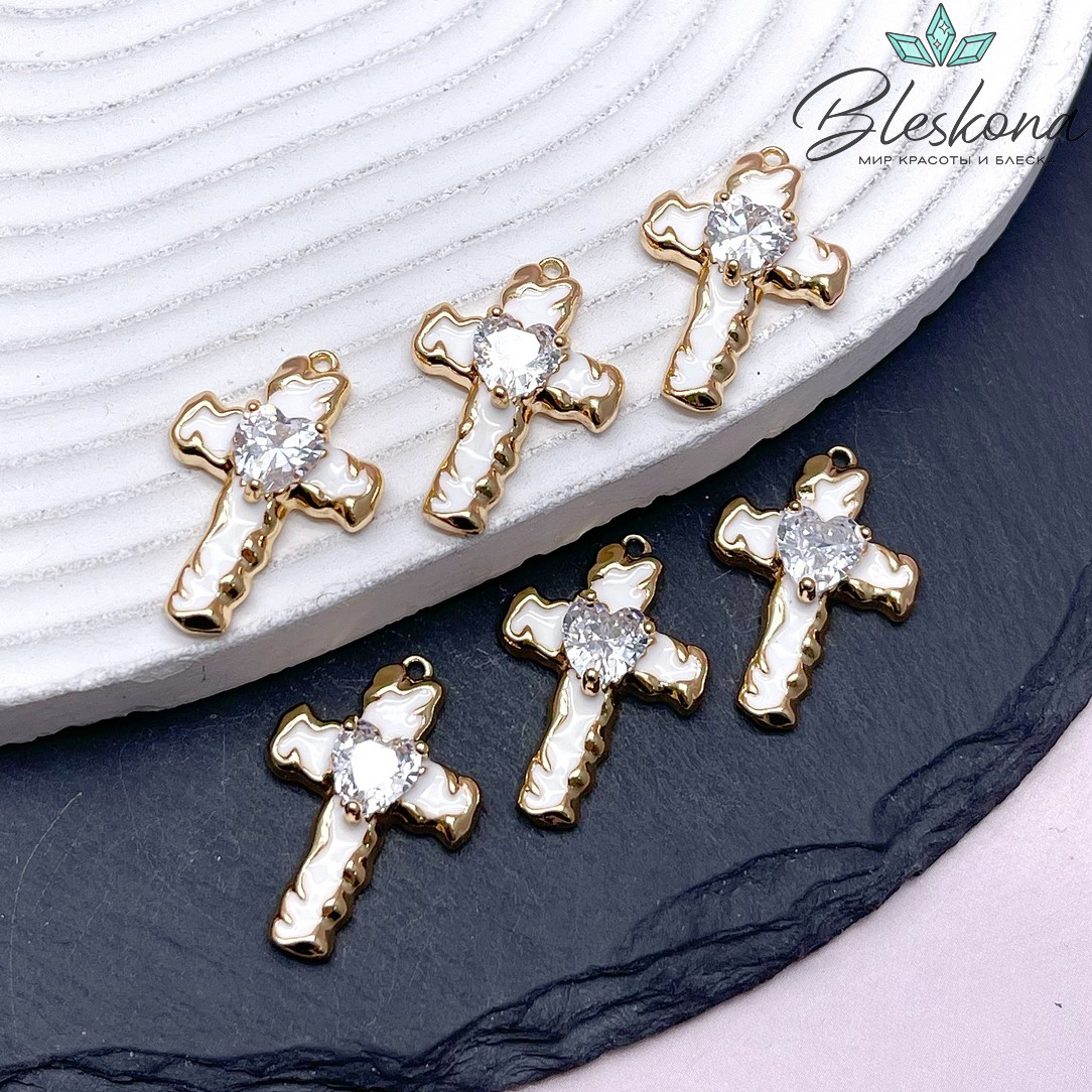 25,6*17,5 мм Цвет золото, Подвеска Крест белая эмаль циркон