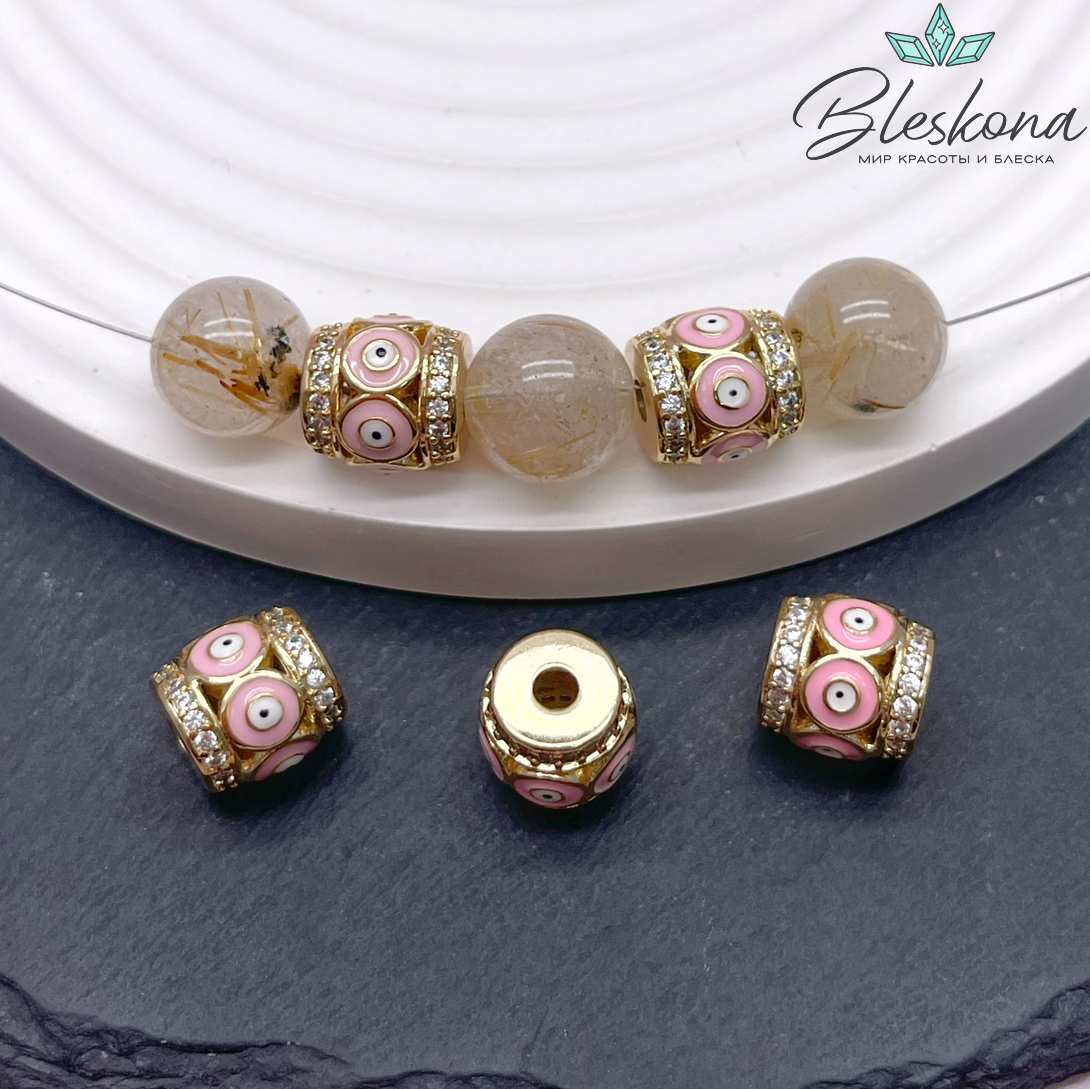 10,5*11 мм Цвет золото, Бусина бочонок глаза цирконы розовая эмаль