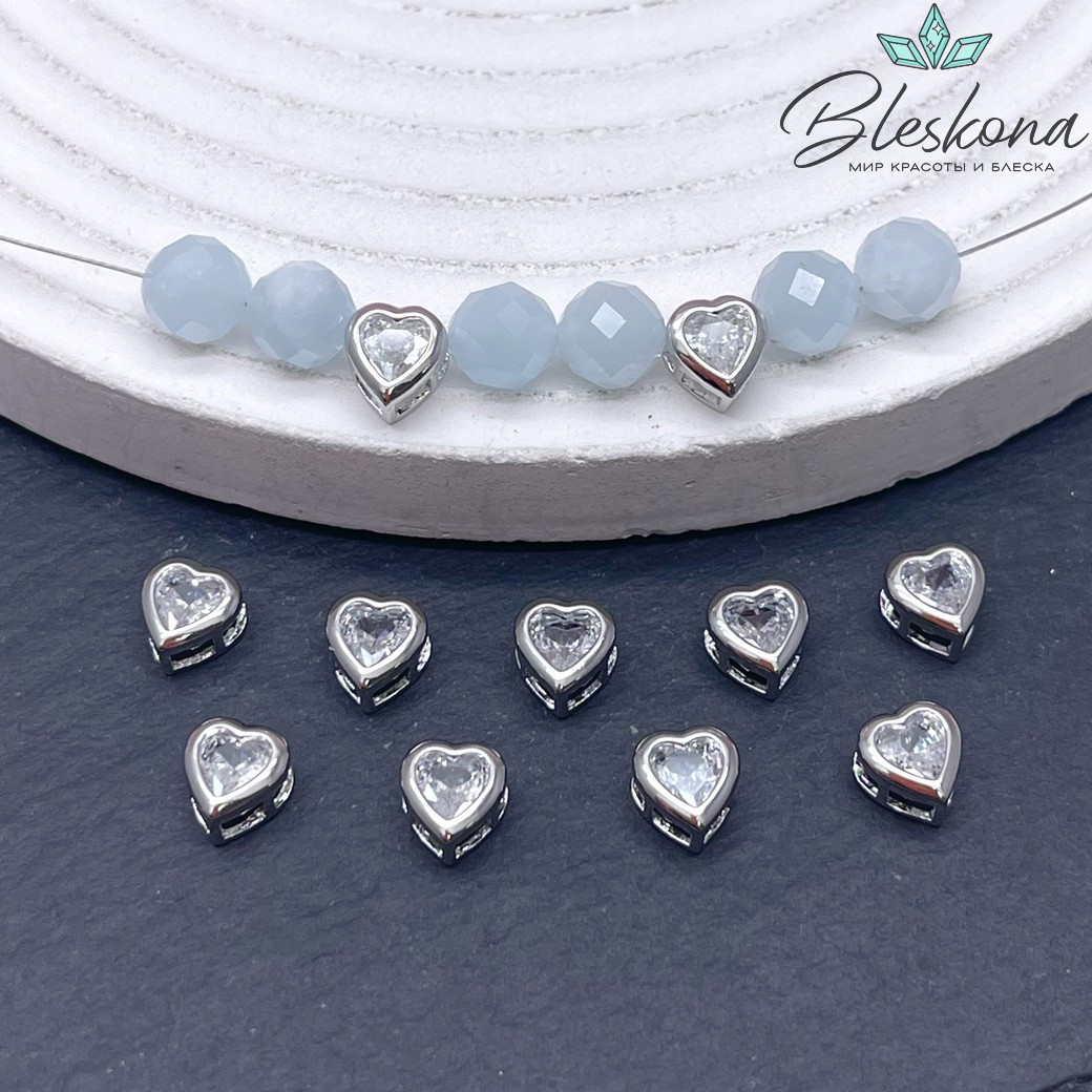 7*6,5 мм Цвет серебро, Бусина сердце белый циркон