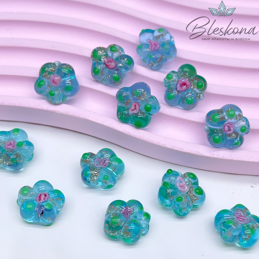 14,5 мм Бусина цветок прозрачный бирюзовый