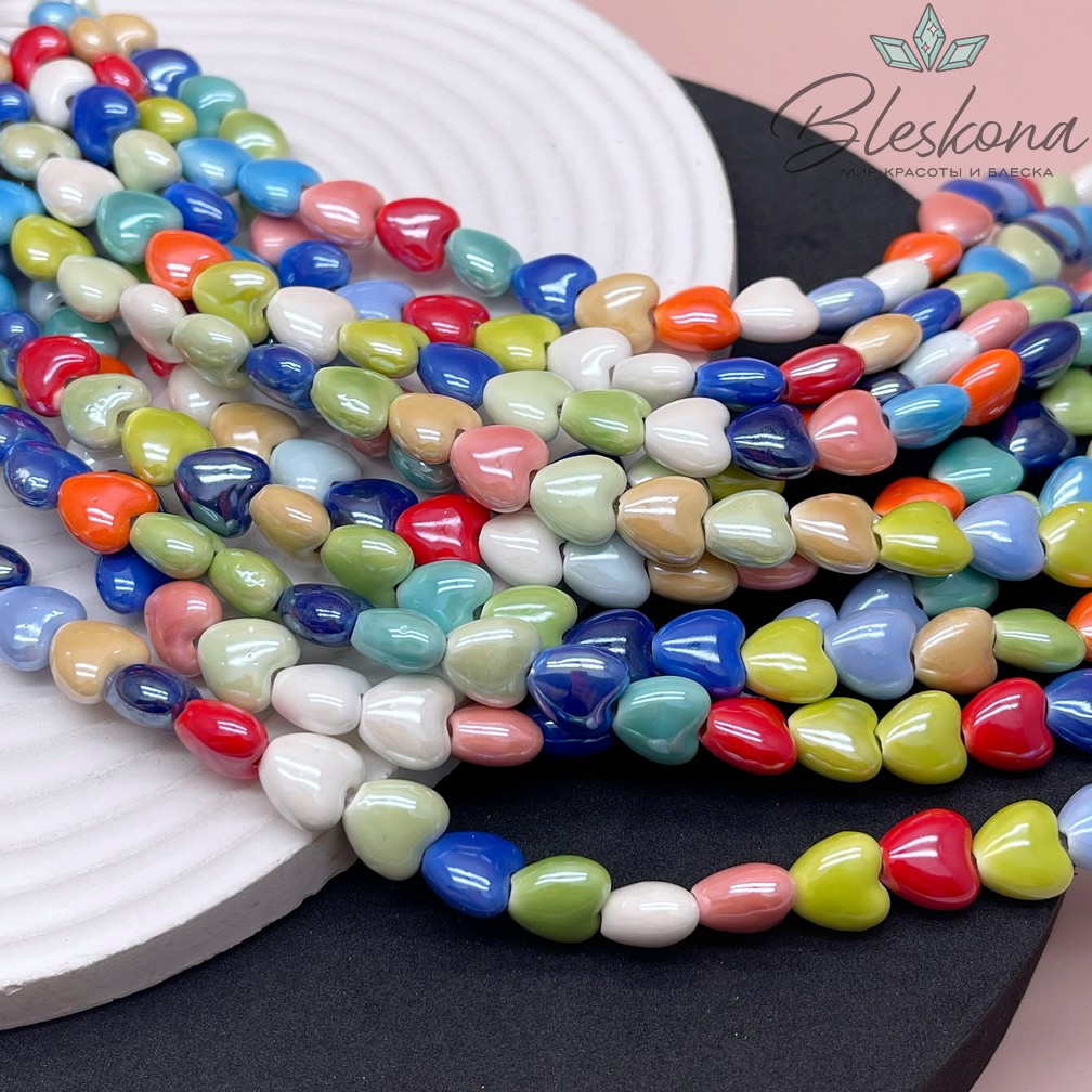 10 мм Бусина сердце, керамика цвет микс