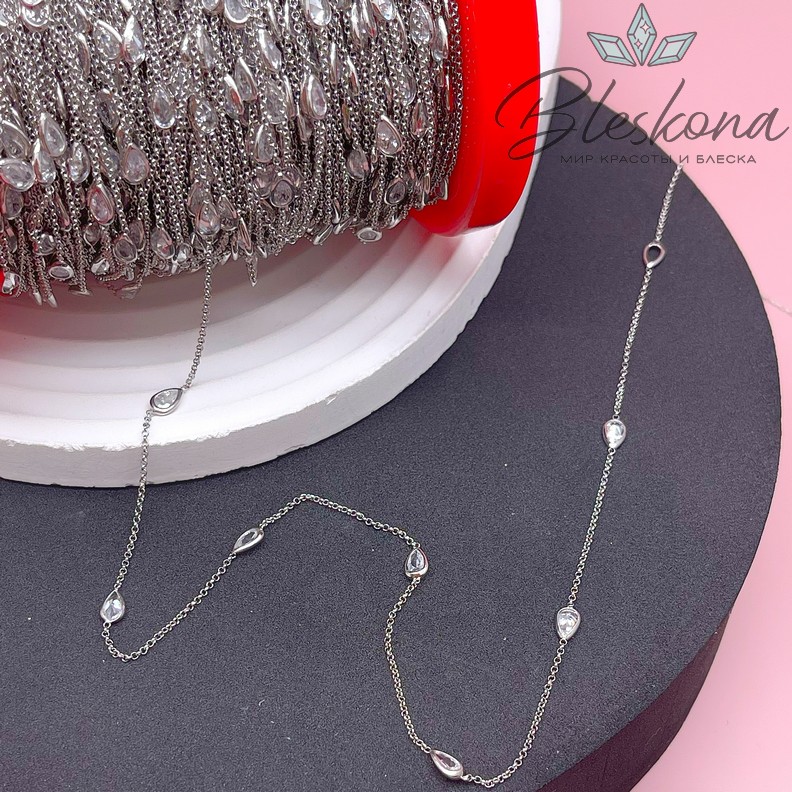 Цепь №204 цвет серебро, капля циркон 8*3,5 мм