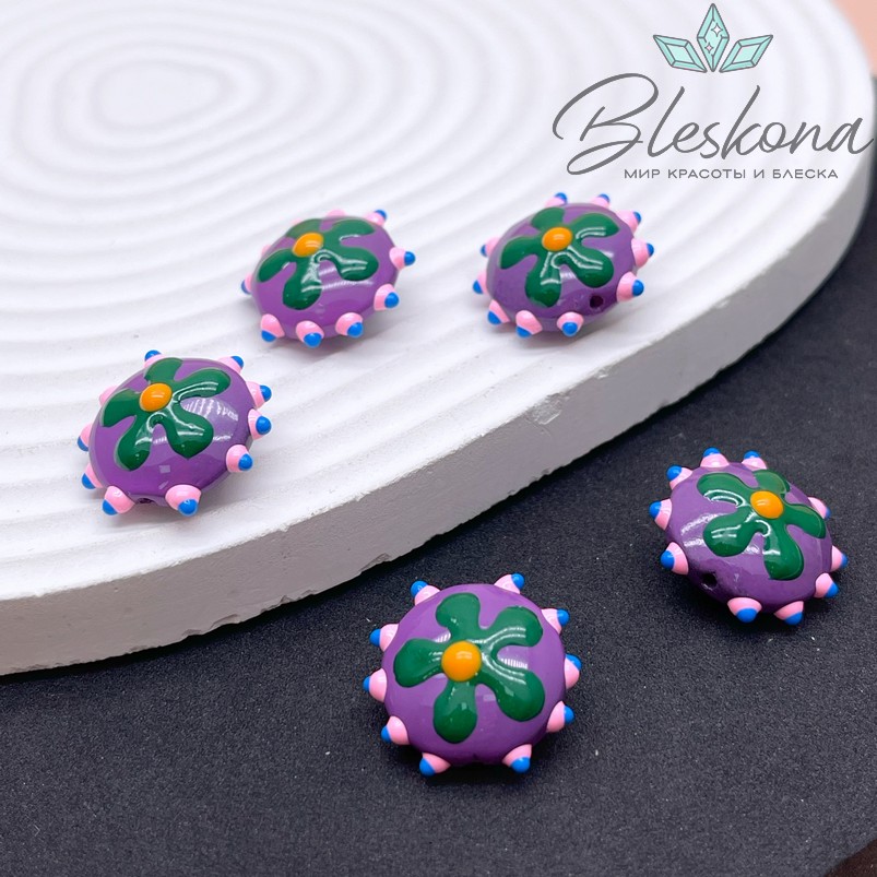 20 мм Бусина округлая лиловая зеленый цветок