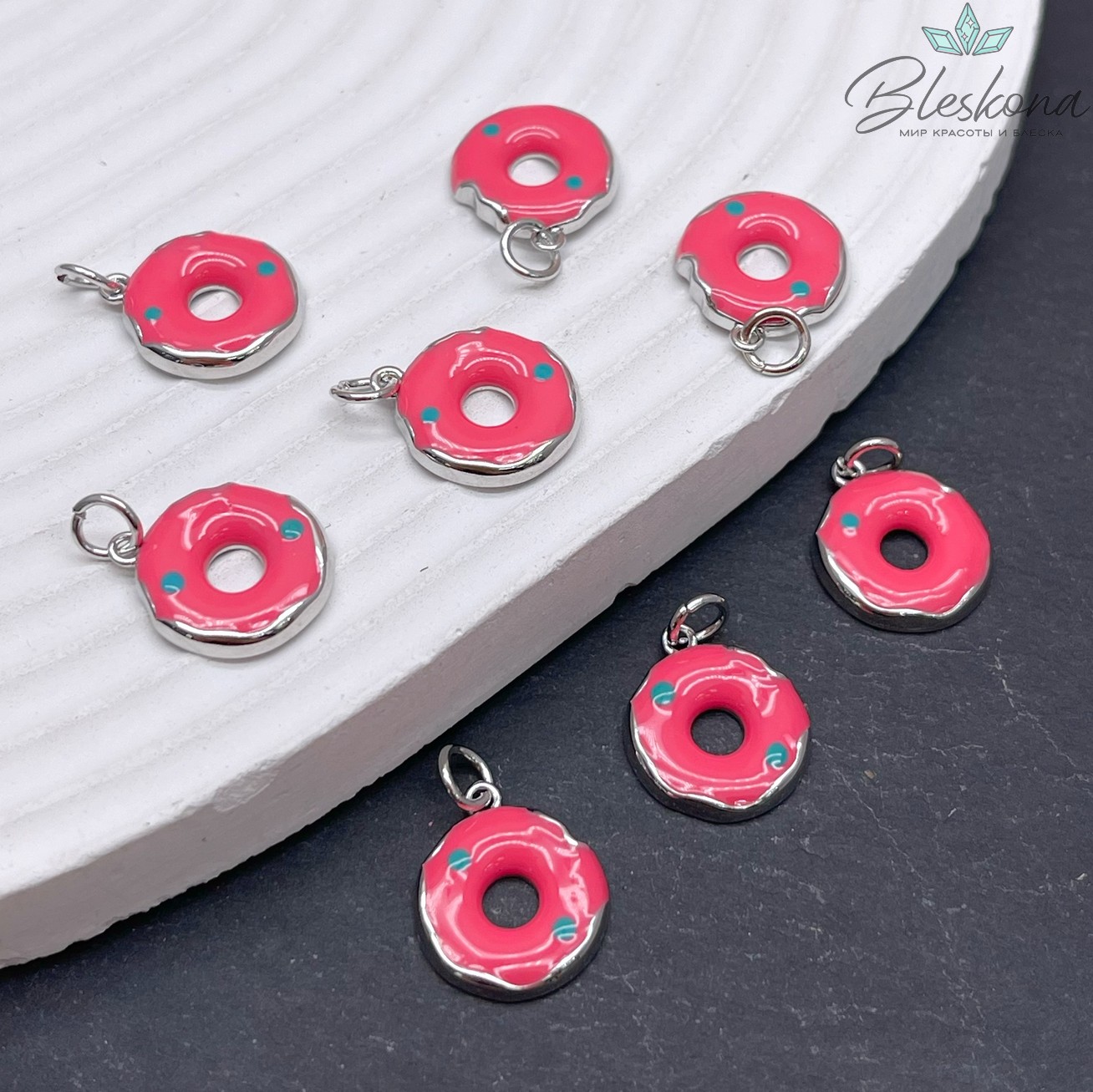 12,8 мм Цвет серебро, Подвеска пончик розовая эмаль