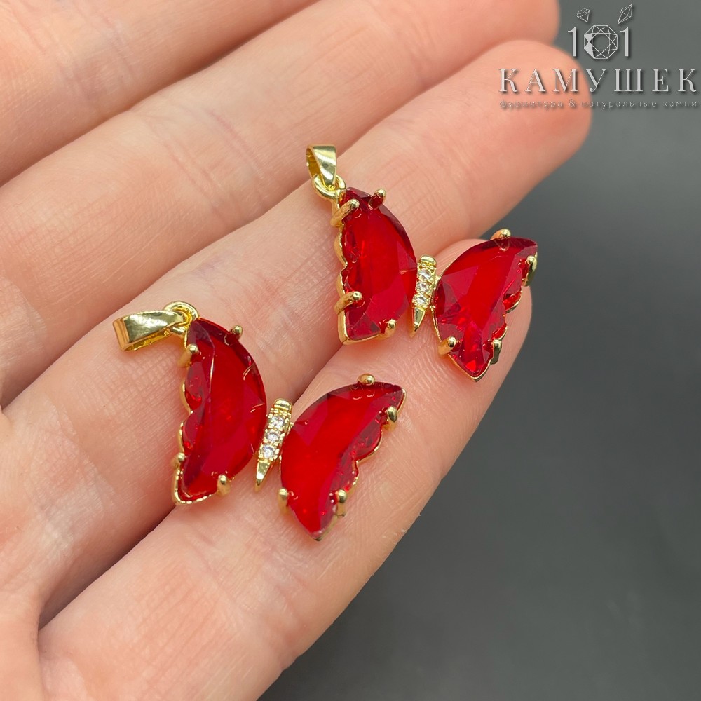 16*22мм, Цвет серебро, Подвеска Бабочка красное стекло