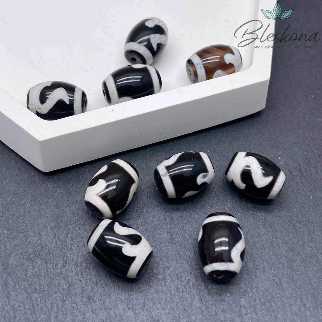 Бусина Дзи Золотой ключ черно-белый бочонок 10*14 мм