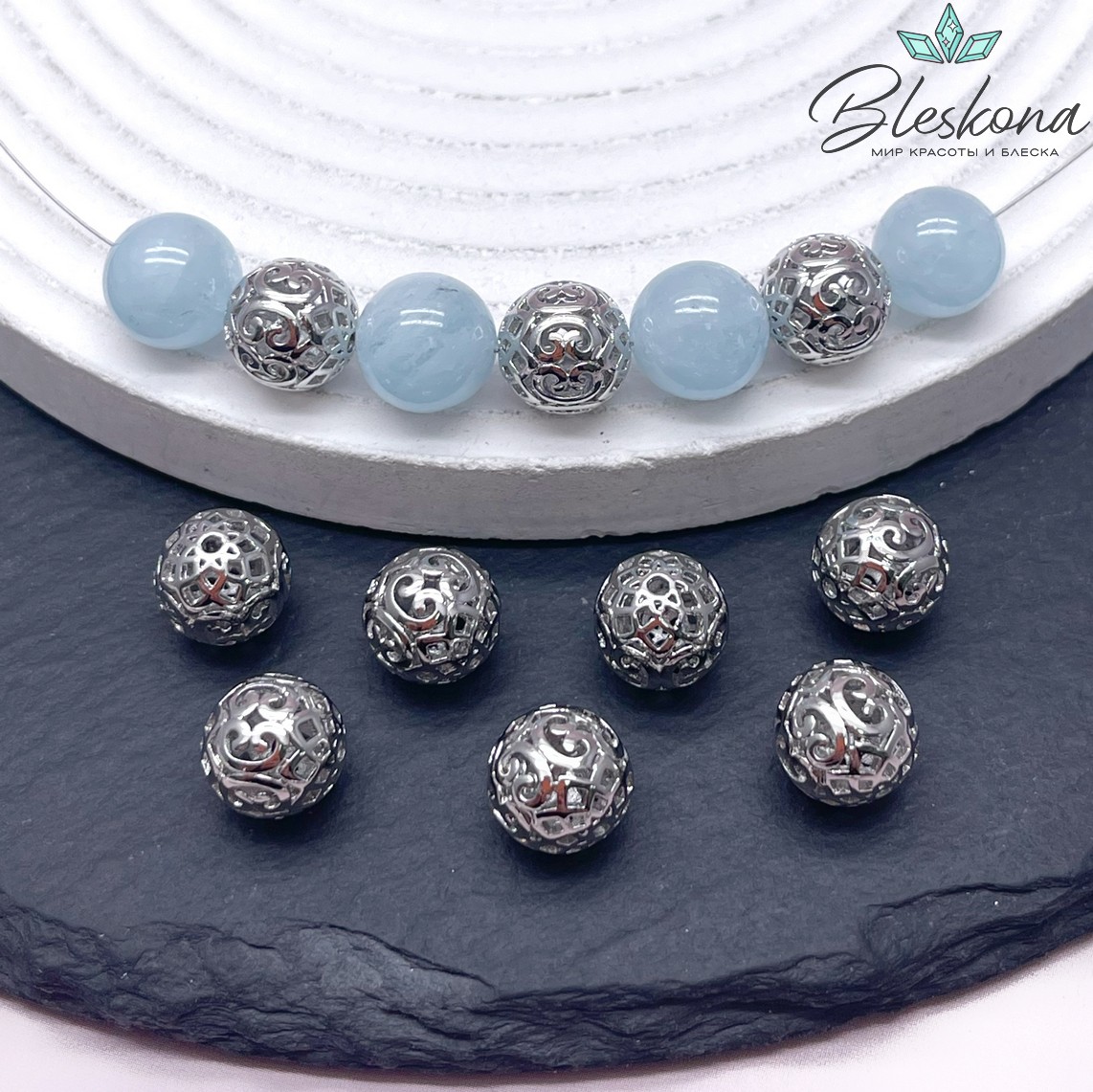 10 мм Цвет серебро, Бусина Узор Орнамент