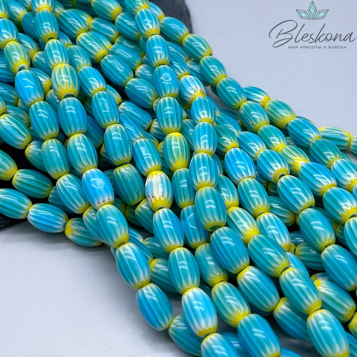 Муранское стекло бочата желто- голубые, полосы 12*8 мм