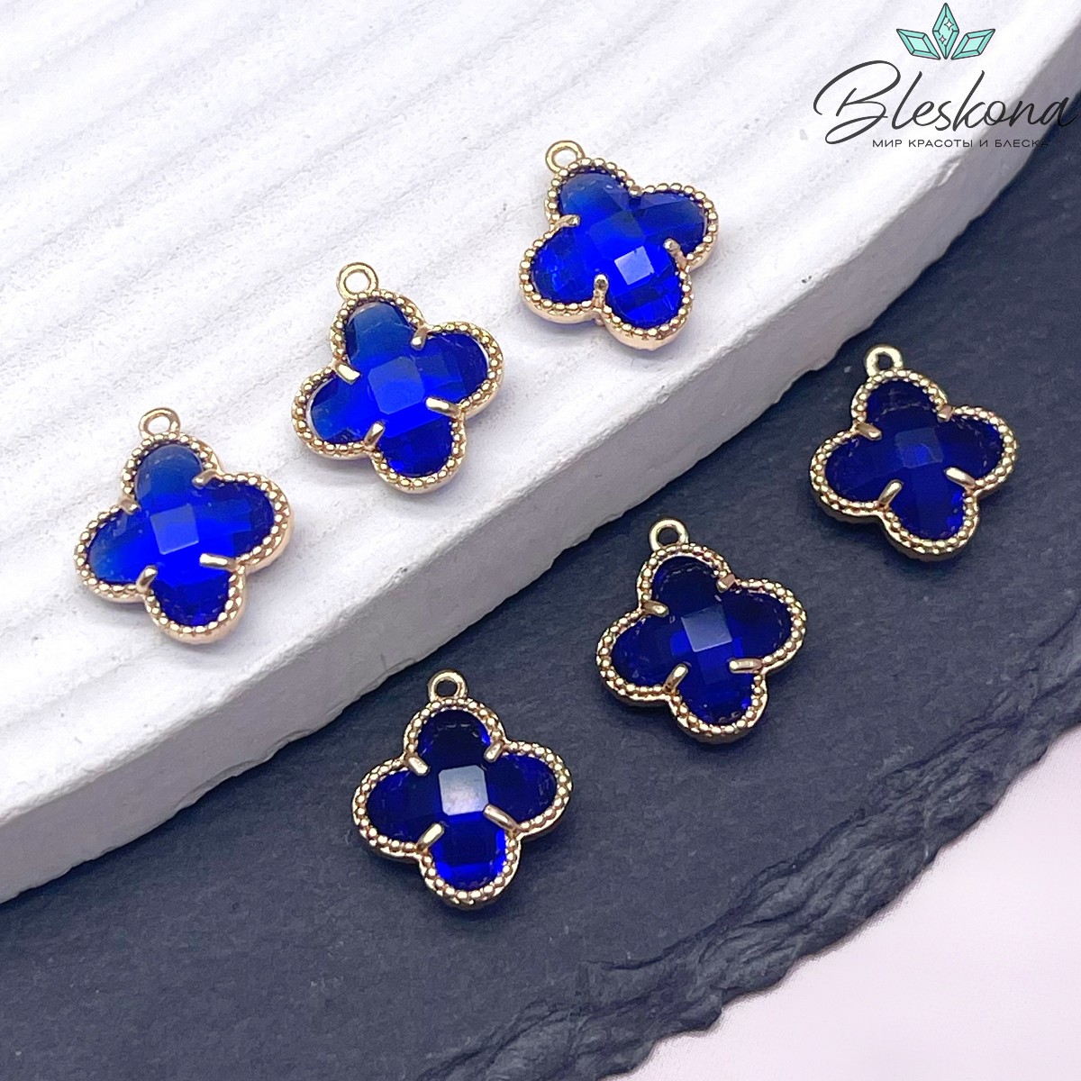 11,5*13мм Цвет золото, Подвеска клевер синий циркон 