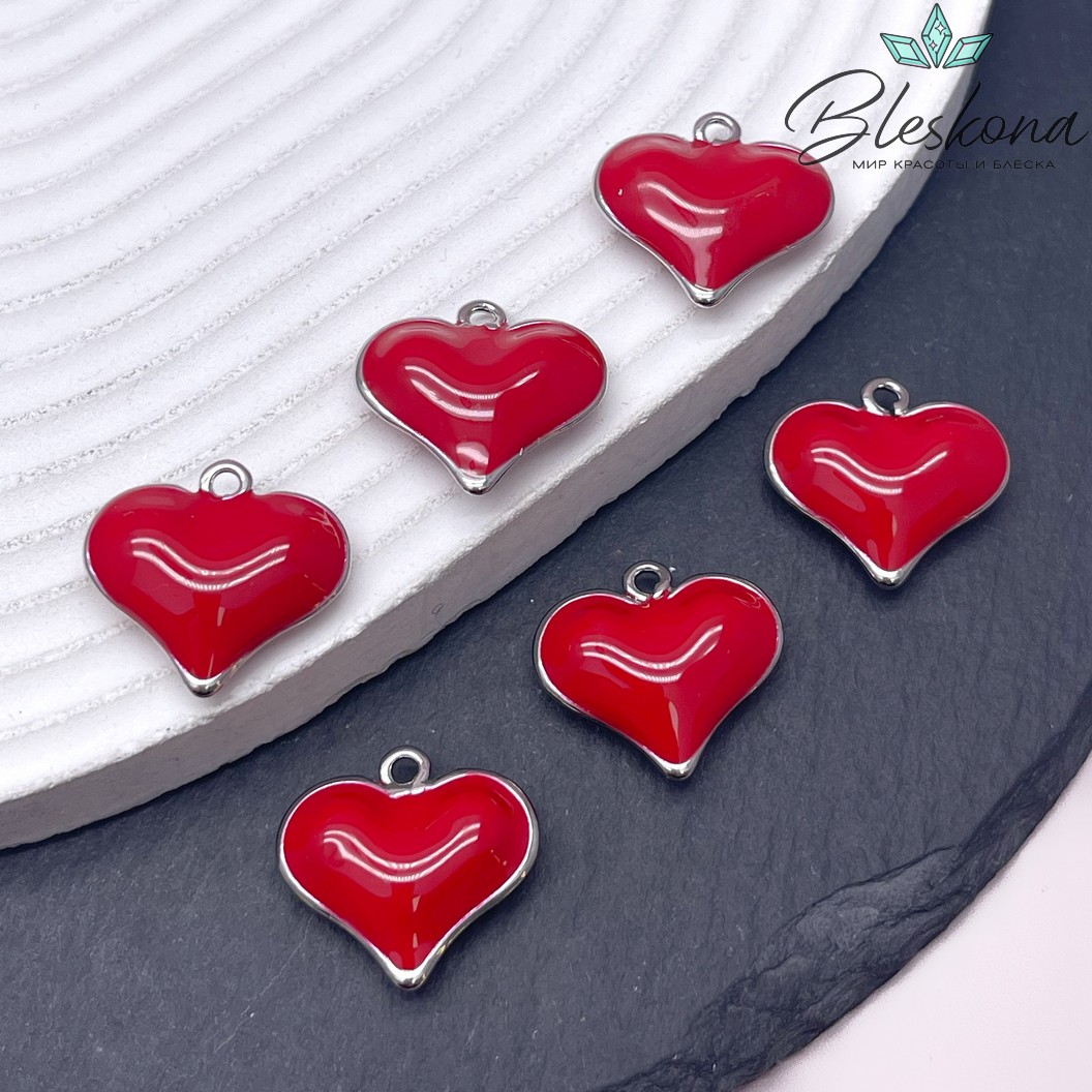 19*20 мм Цвет серебро, Подвеска Сердце красная эмаль