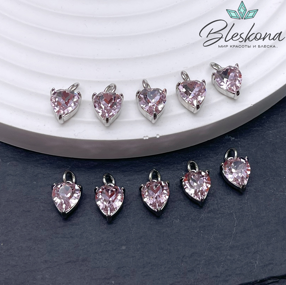 8,8*6,7 мм Цвет серебро, Подвеска сердце розовый циркон 