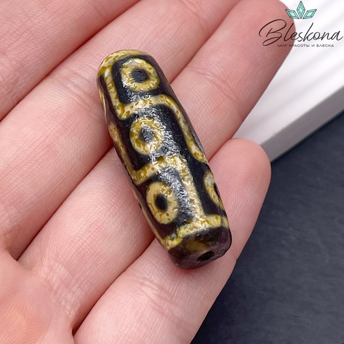 Бусина Дзи 9 глаз желто-коричневый бочонок 40*14 мм