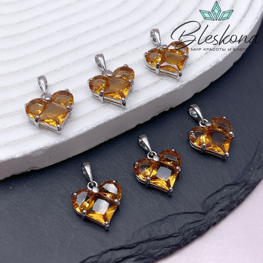 14,5*14 мм Цвет серебро, Подвеска Сердце оранжевые цирконы 