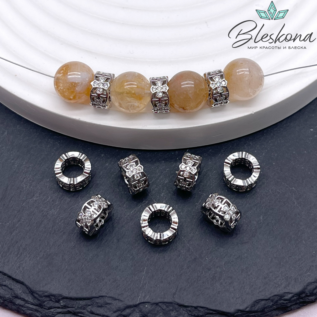 9*4 мм, цвет серебро, Бусина - разделитель кресты цирконы 