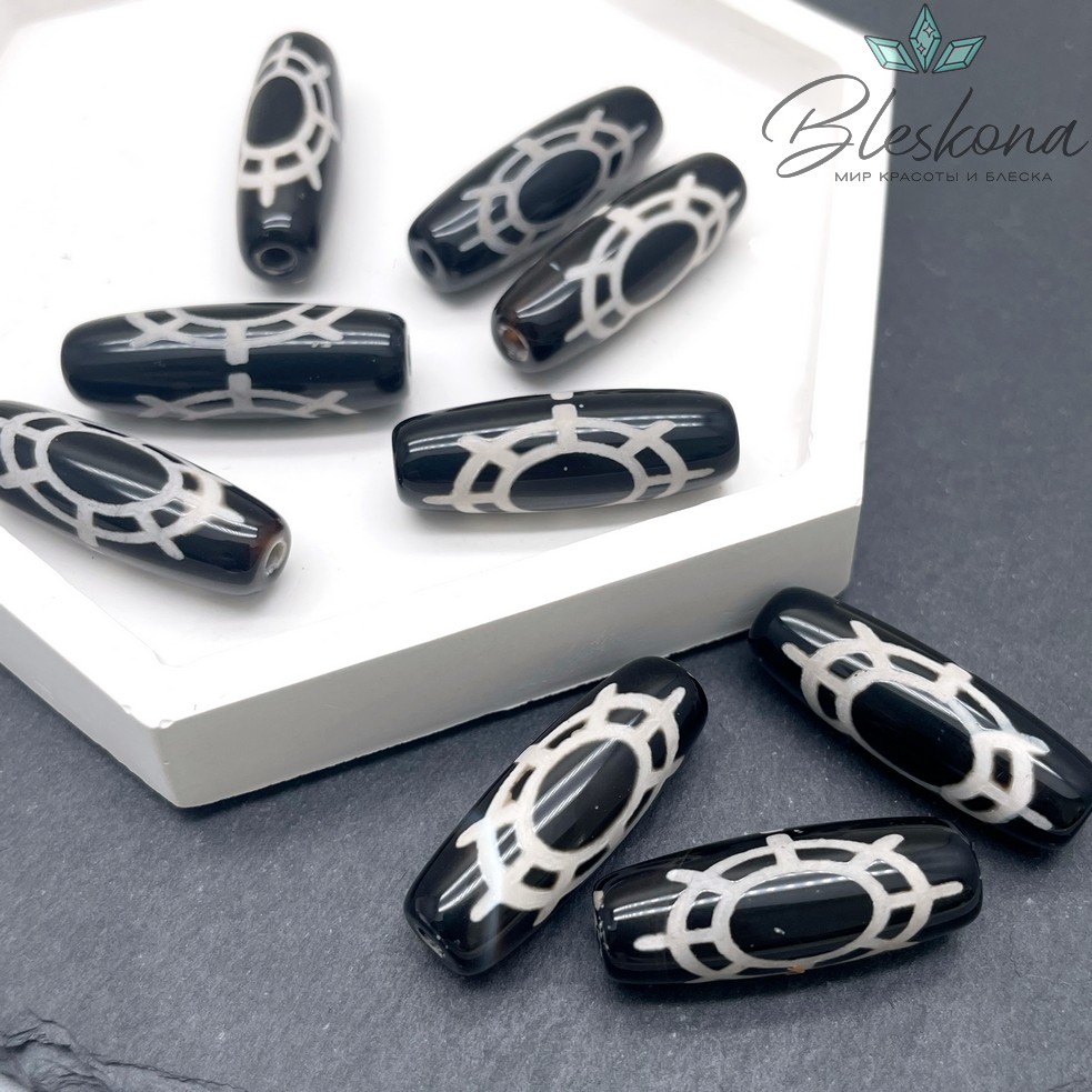 Бусина Дзи Колесо Фартуны черно-белый бочонок 30*11 мм