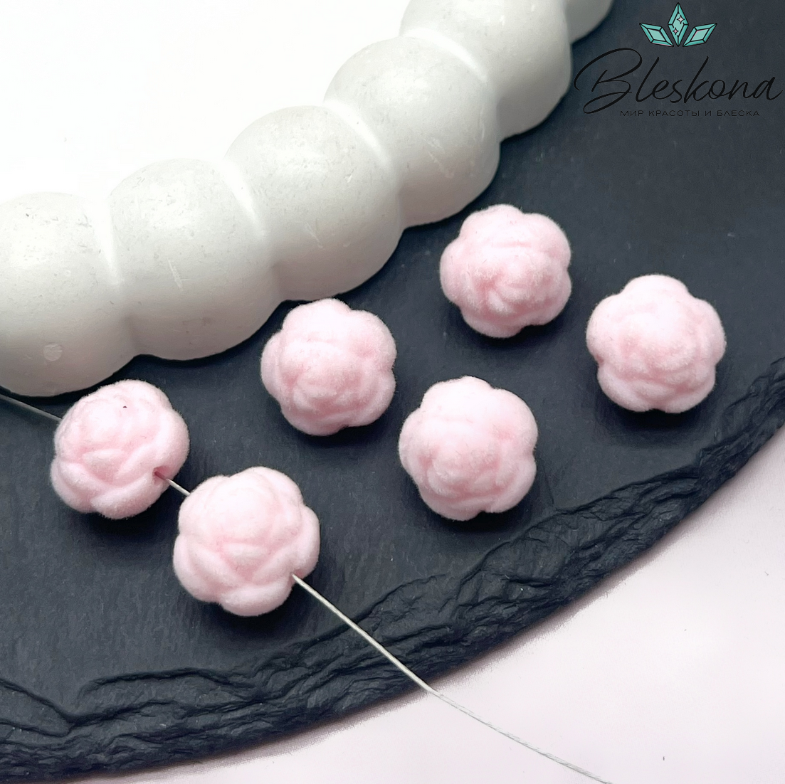 12мм Бархатная бусина Цветок - Роза, Цвет розовый