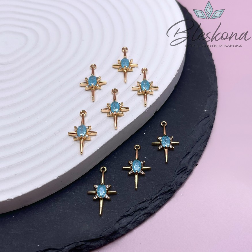 22,5*12,5 мм Цвет золото, Подвеска серверная звезда голубое стекло
