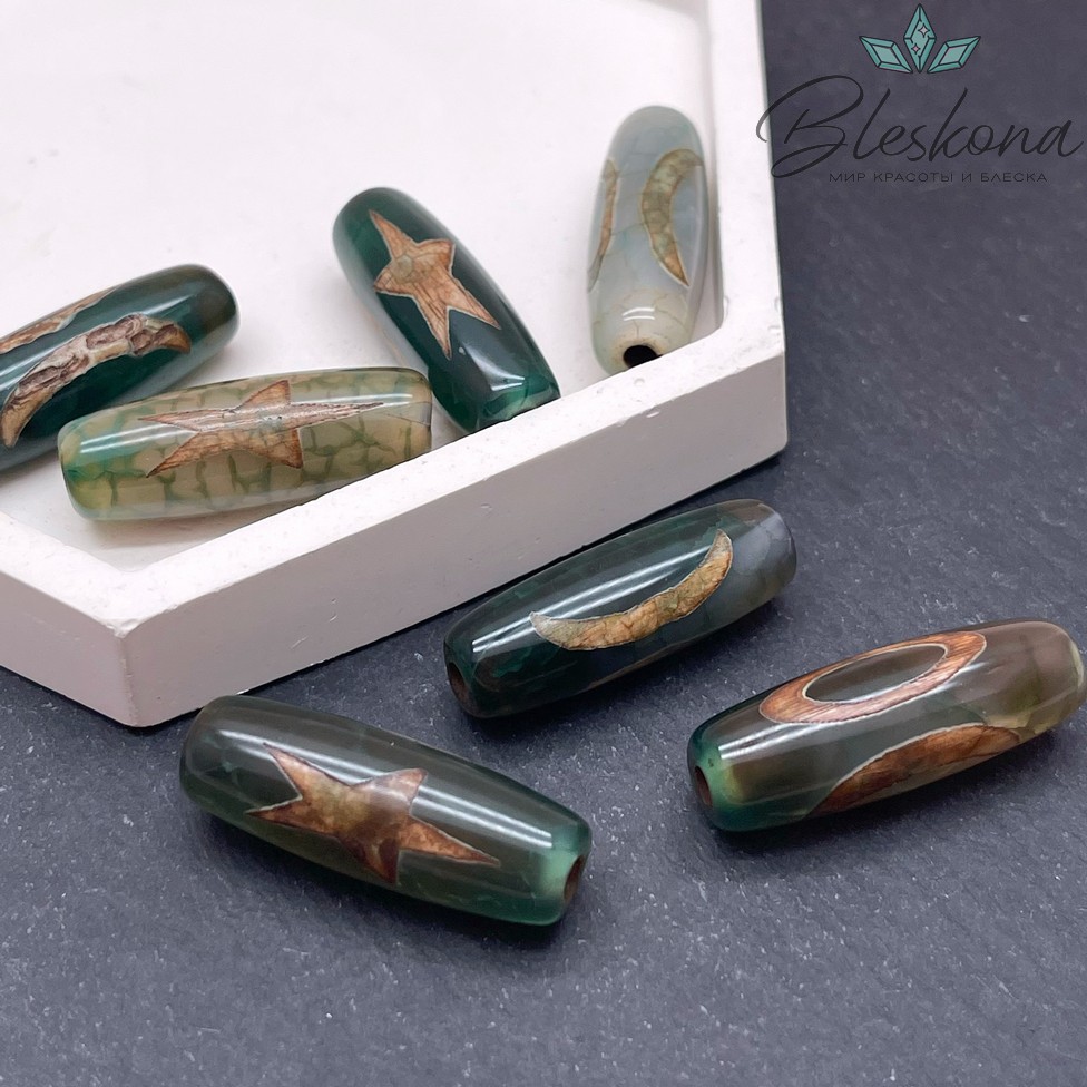 Бусина Дзи Вселенная (Небо,Звезда и Луна) зелено-коричневый бочонок 30*11 мм