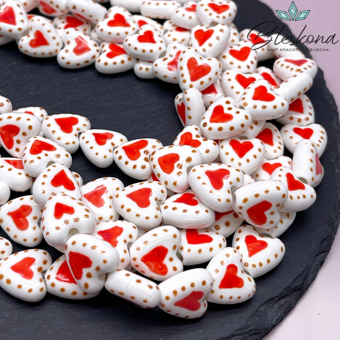 14,5 мм Бусина сердце, керамика цвет белый красный рисунок №1
