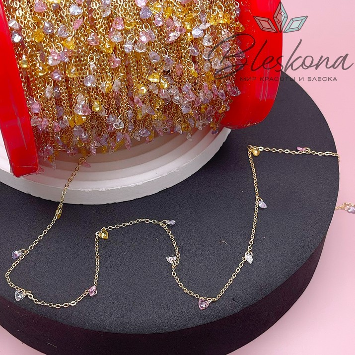 Цепь №208-1 цвет золото, сердце цирконы микс 1,8*1,4 мм