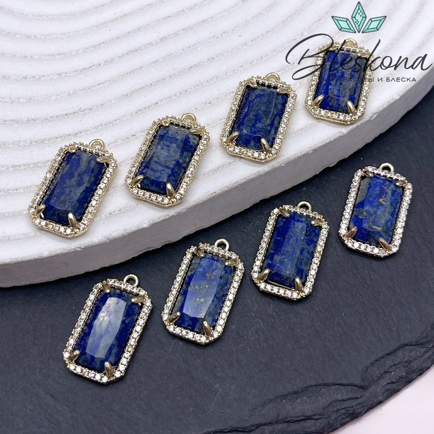 12*21мм, цвет золото ,Подвеска Прямоугольник Лазурит в обрамлении цирконы
